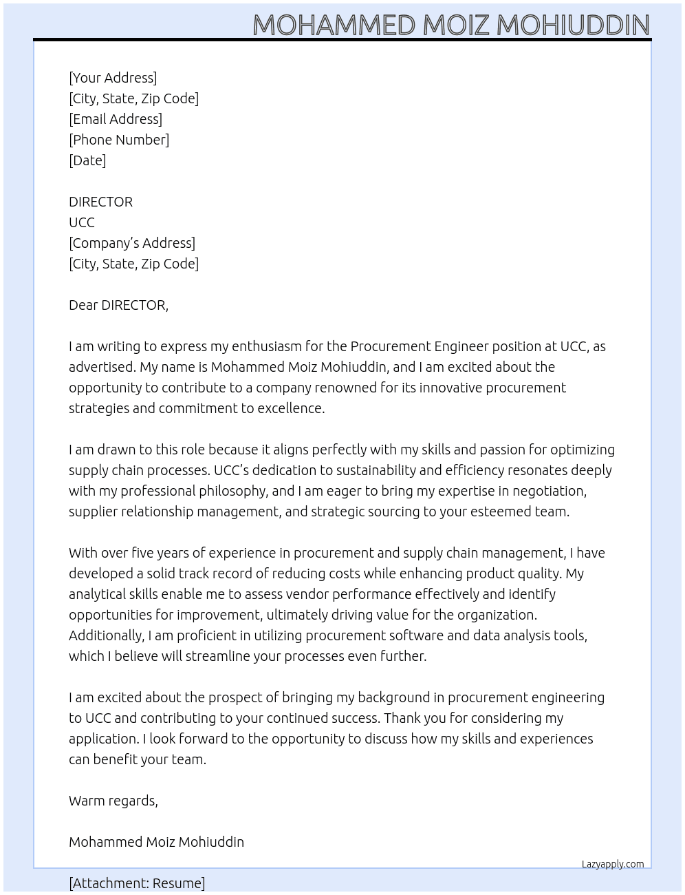 PROCUREMENT ENGINEER At UCC Cover Letter