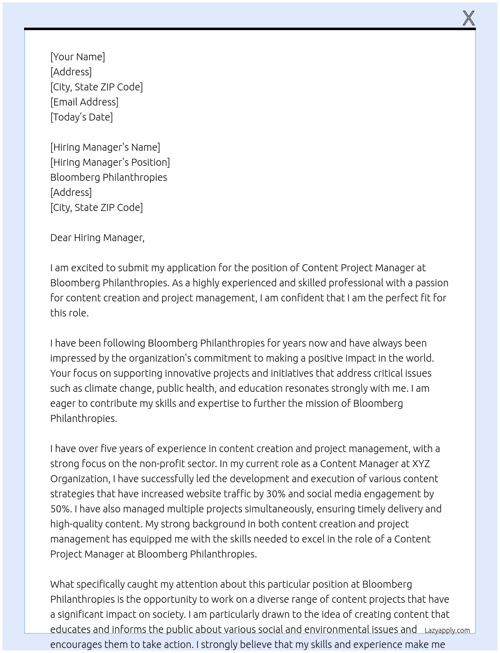 Content Project Manager At Bloomberg Philanthropies Cover Letter