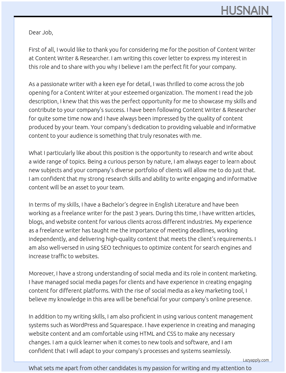 Content writer At Content Writer & Researcher  Cover Letter