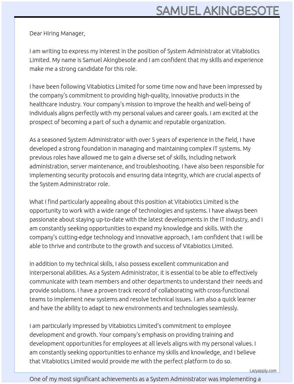 System Adminstrator At vitabiotics limited Cover Letter