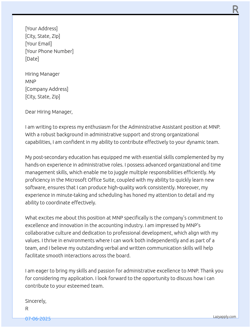 Administrative Assistant At MNP Cover Letter