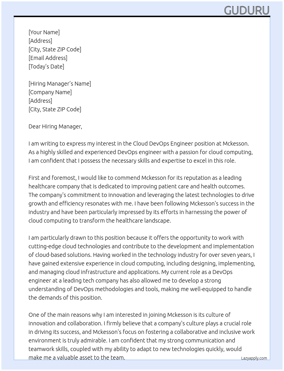 Cloud devops engineer At Mckesson Cover Letter