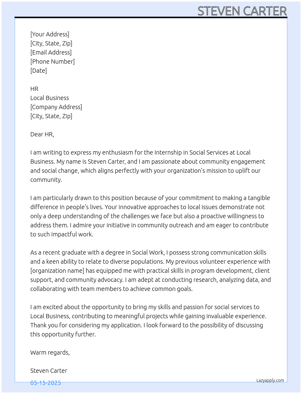 Cover letter for internship - social services - LazyApply