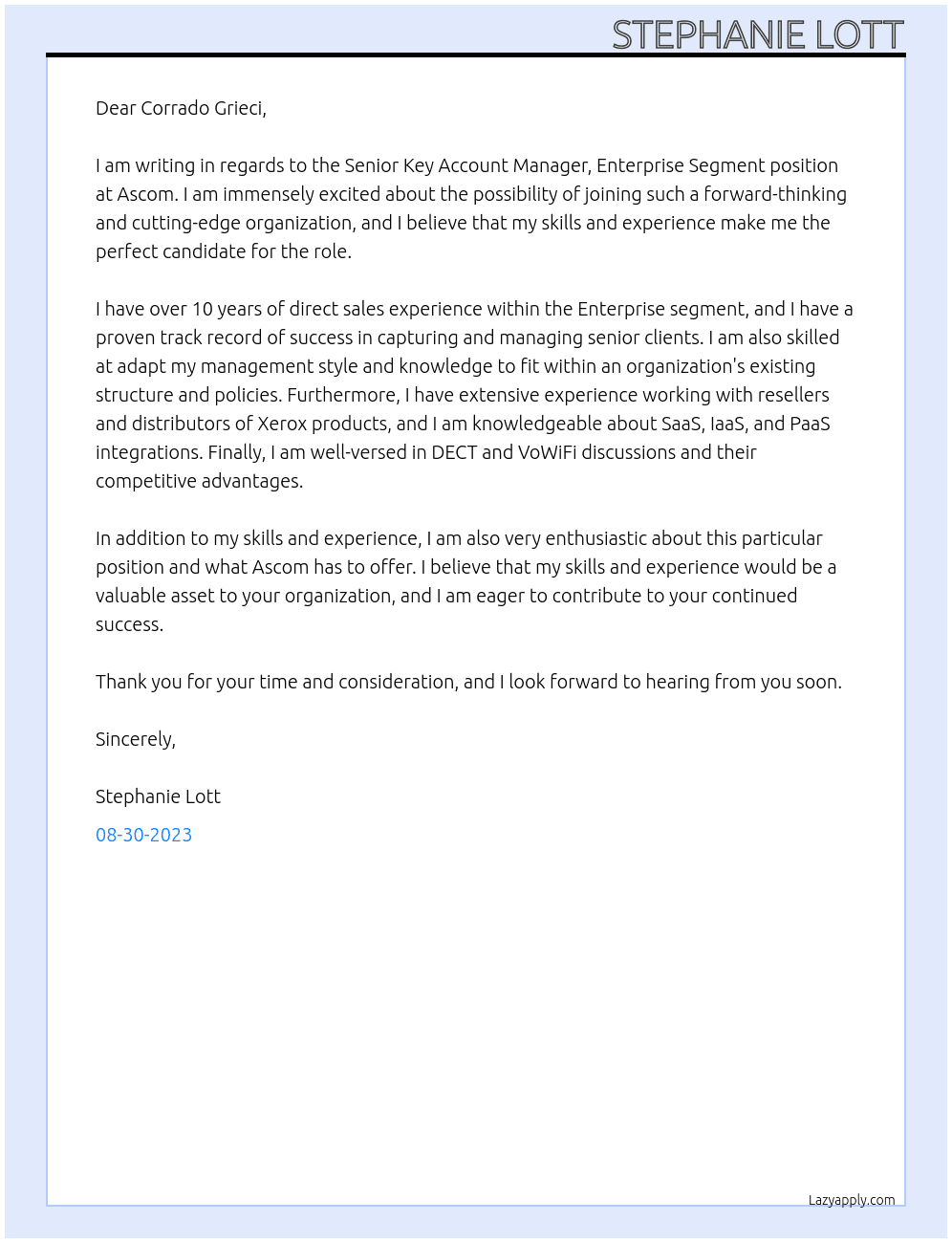 Senior Key Account Manager, Enterprise Segment At Ascom Cover Letter