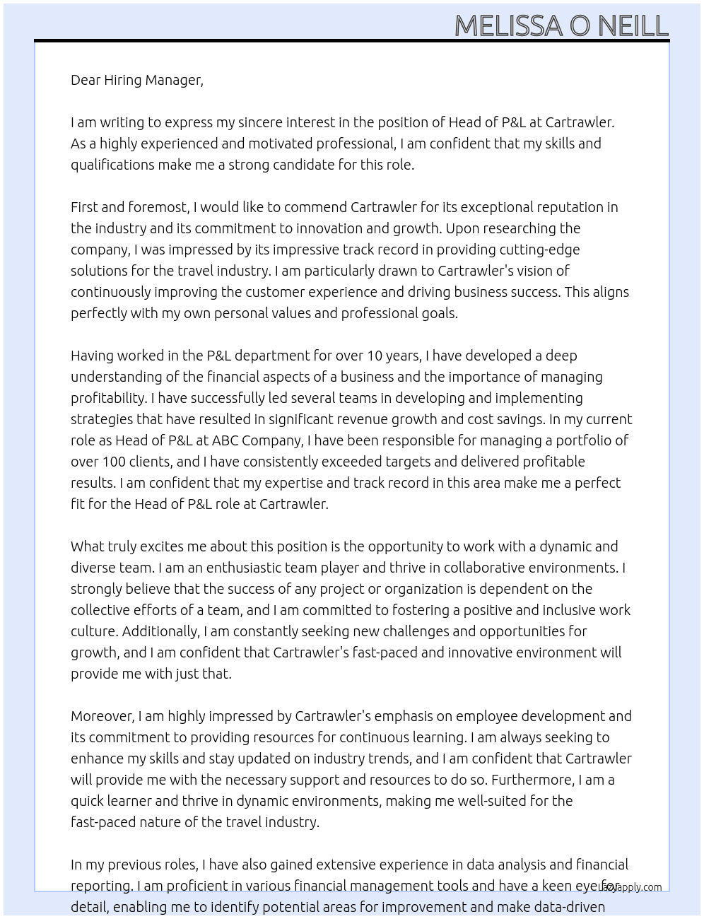 Head of P&L At Cartrawler Cover Letter
