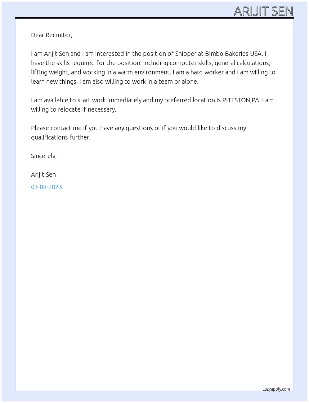 Shipper At Bimbo Bakeries USA  Cover Letter