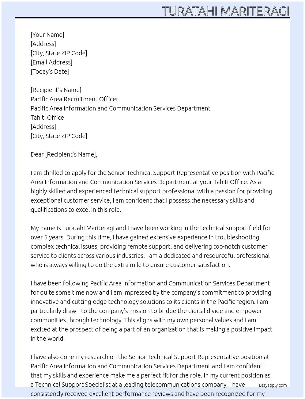 Senior Technical Support Representative At Pacific Area Information and Communication Services Department / Tahiti Office Cover Letter