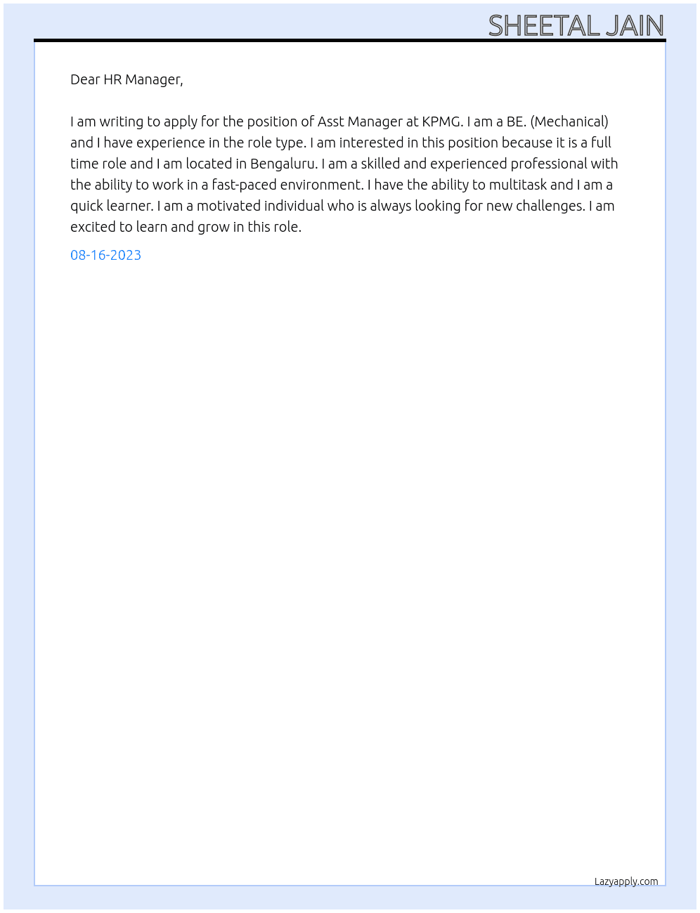 Asst Manager At KPMG Cover Letter