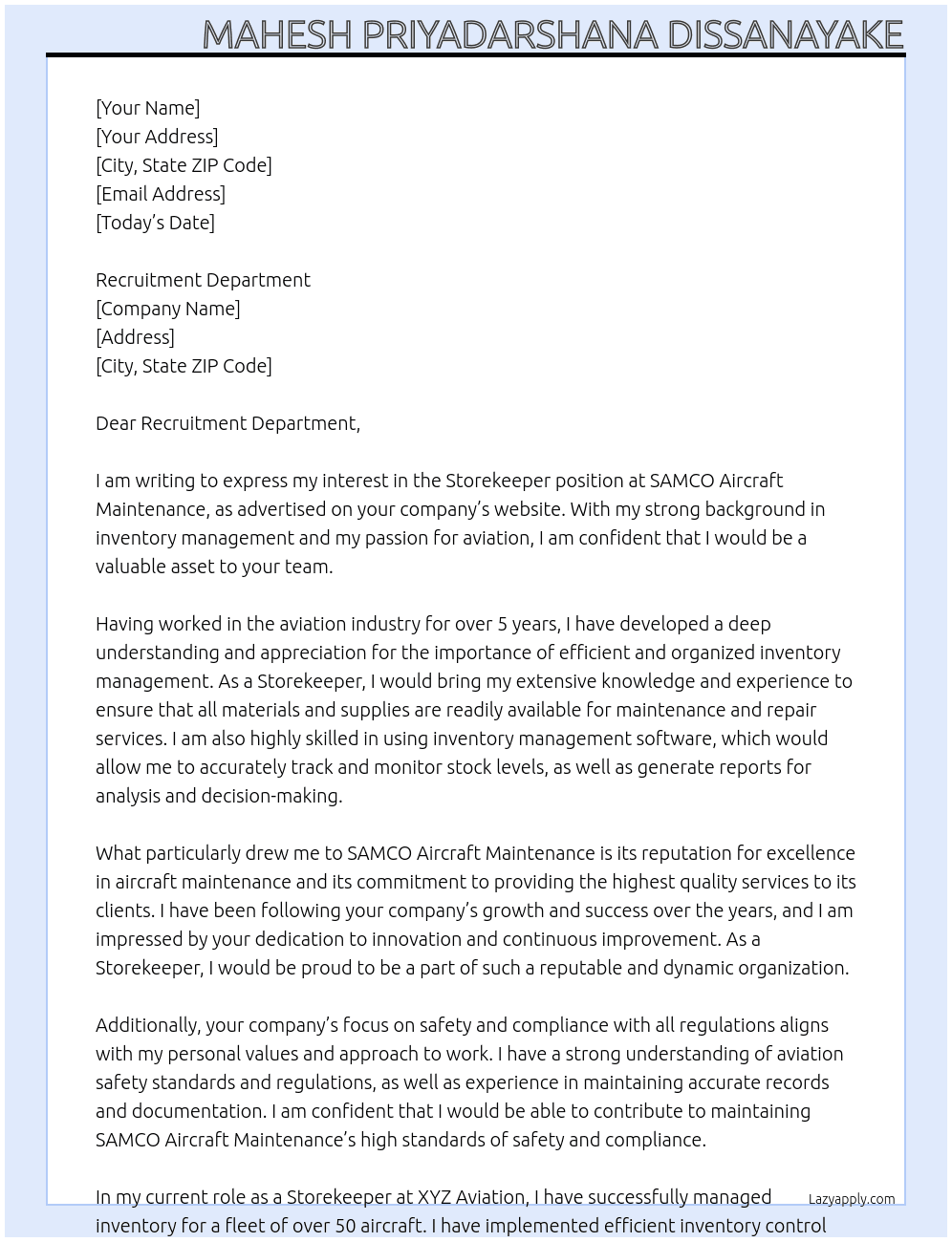 Storekeeper At SAMCO Aircraft Maintenance Cover Letter