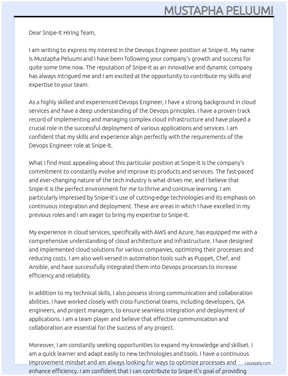 Devops Engineer At snipe-it Cover Letter