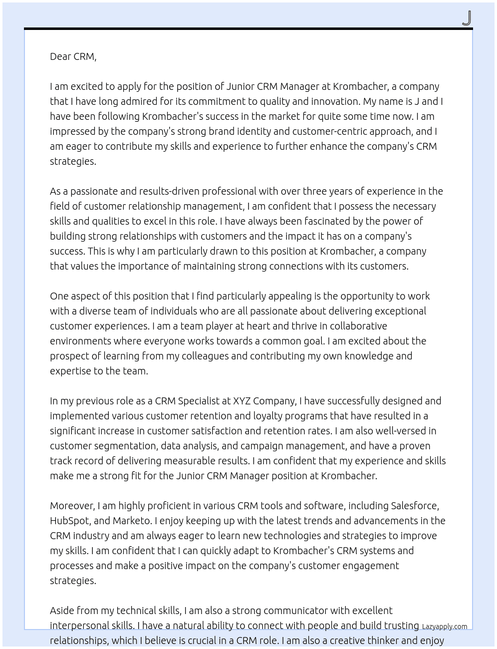 Junior CRM Manager At Krombacher Cover Letter