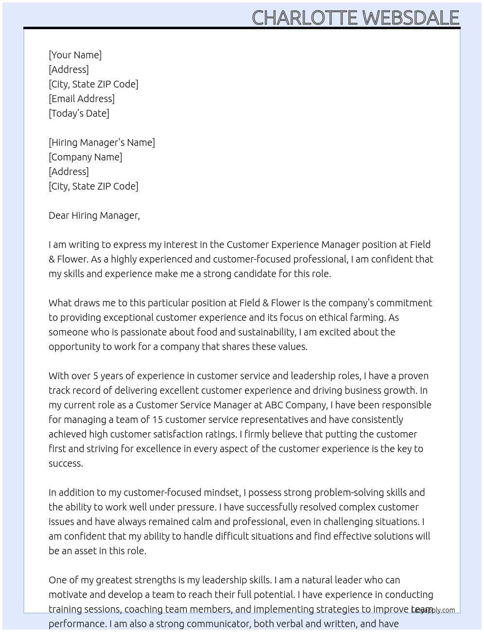 Customer Experience Manager At Field & Flower  Cover Letter