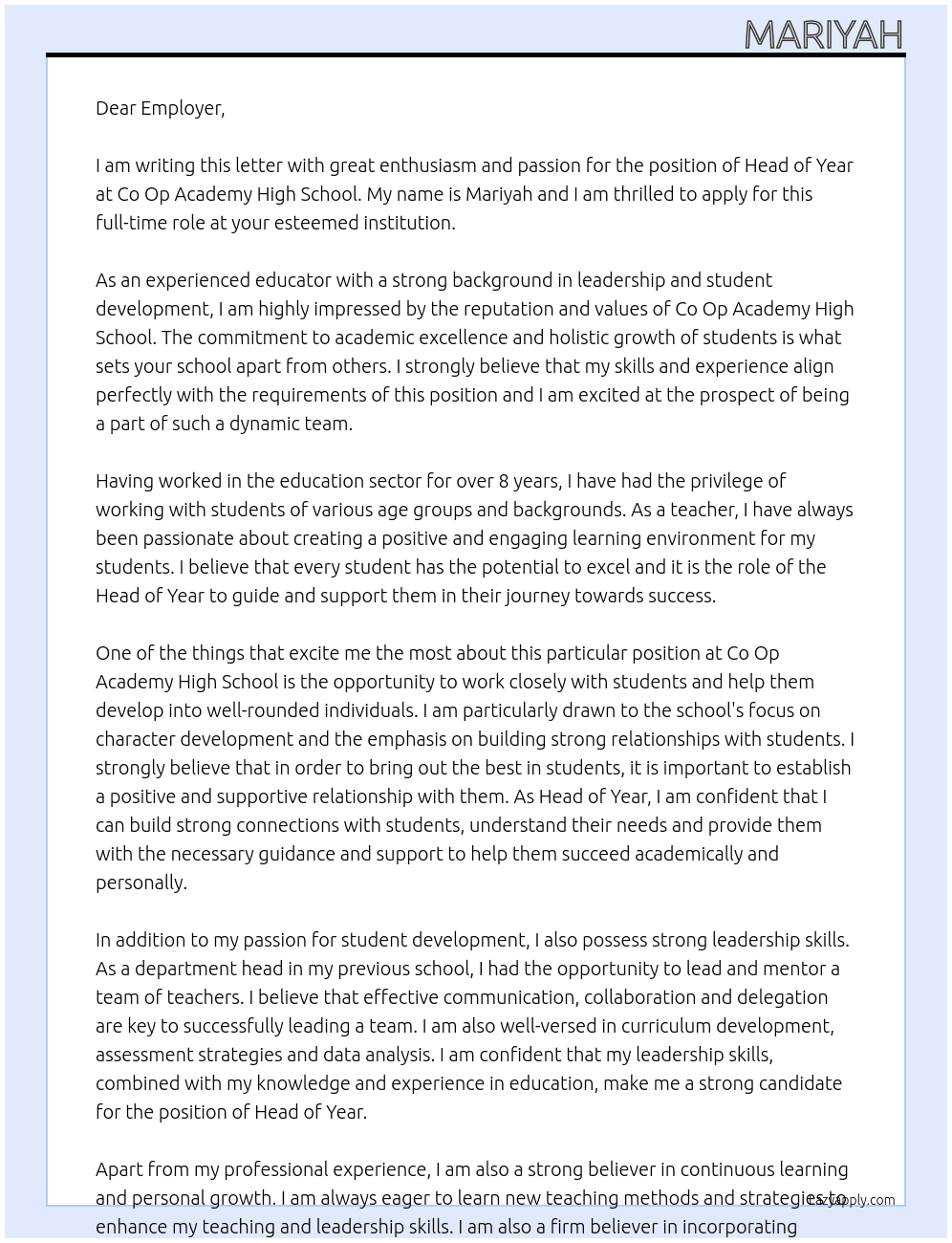 Head of Year At Co Op Academy High School Cover Letter