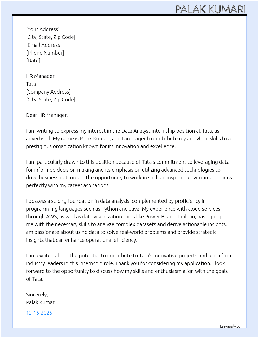 data analyst At Tata Cover Letter