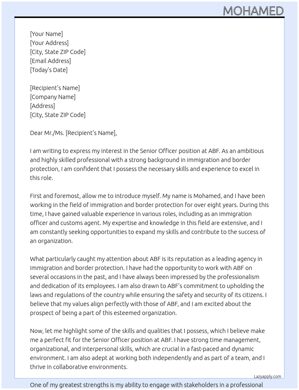 senior officer At ABF Cover Letter