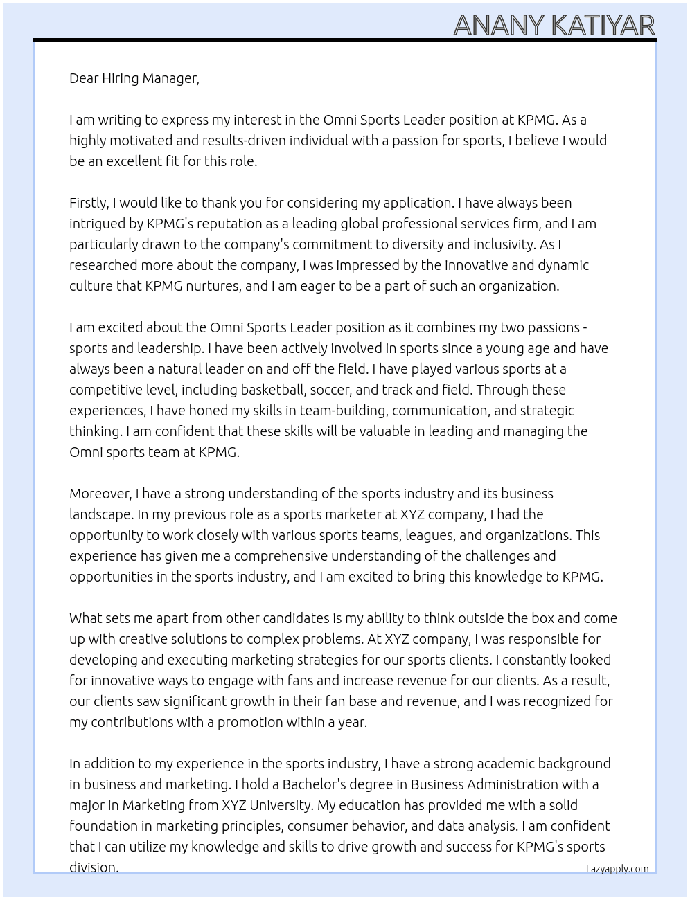 Cover letter for omni sports leader - LazyApply