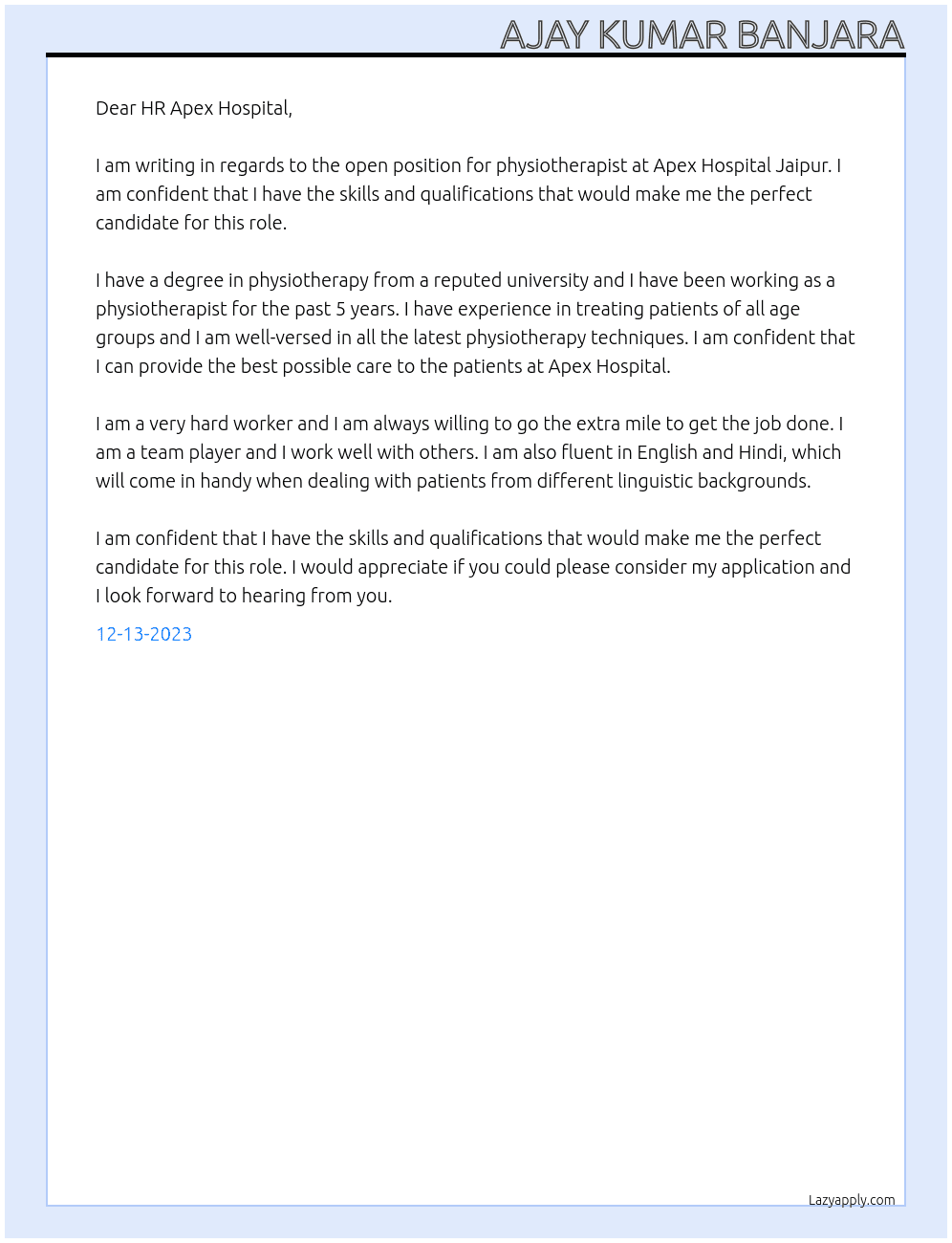 Physiotherapist  At Apex Hospital Jaipur  Cover Letter