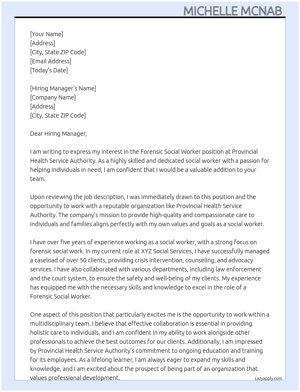 Forensic Social Worker At Provincial Health Service Authority Cover Letter