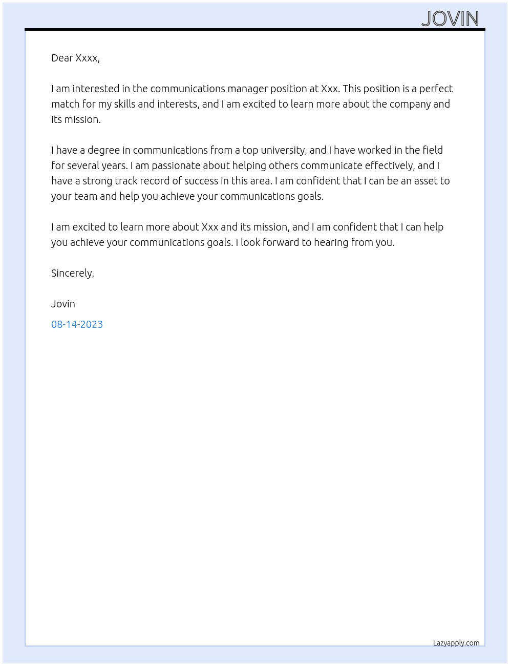 Communications manager  At Xxx  Cover Letter