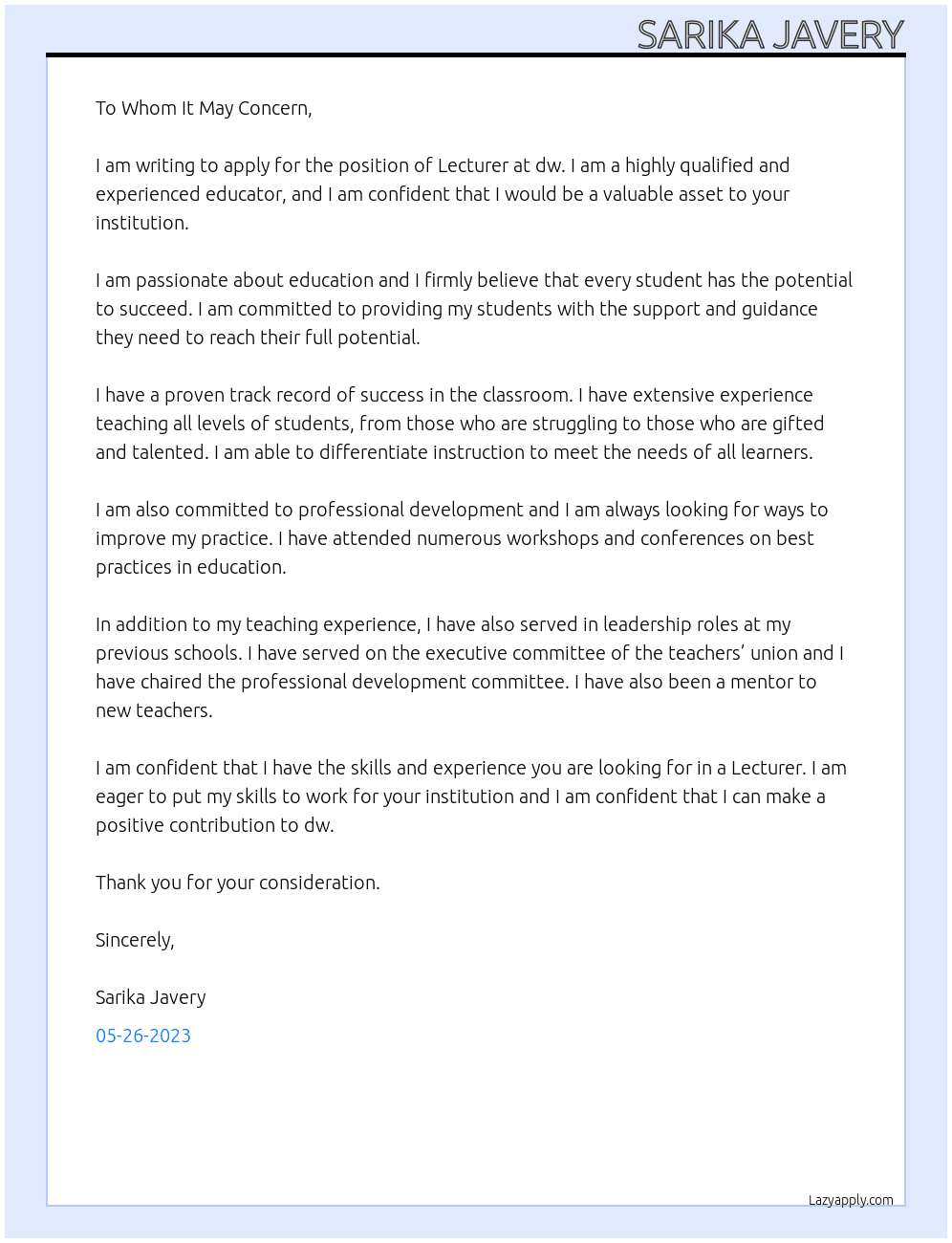 Lecturer At dw Cover Letter
