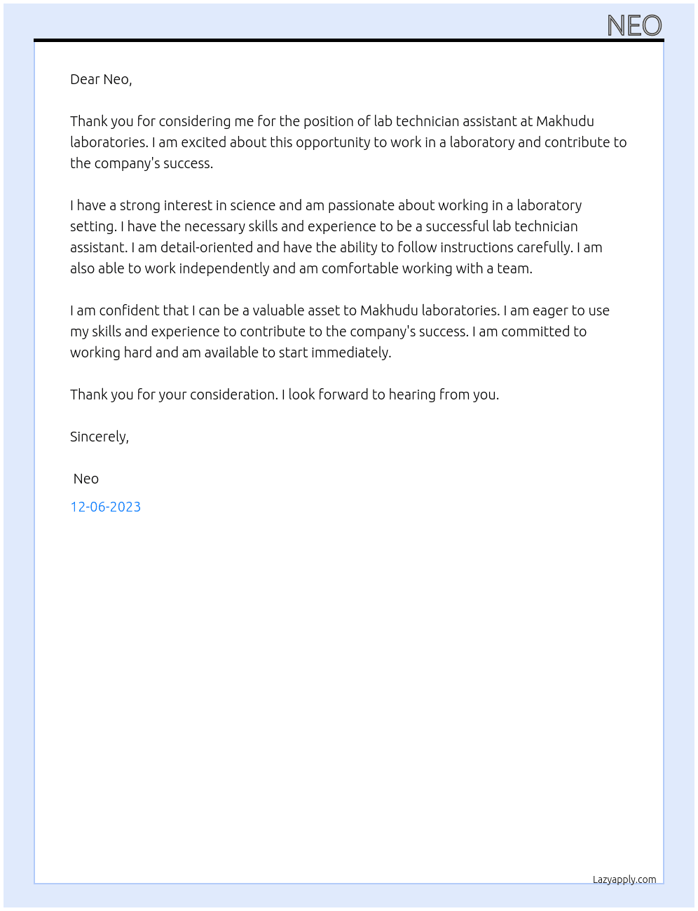 Lab technician assistant  At Makhudu laboratories  Cover Letter