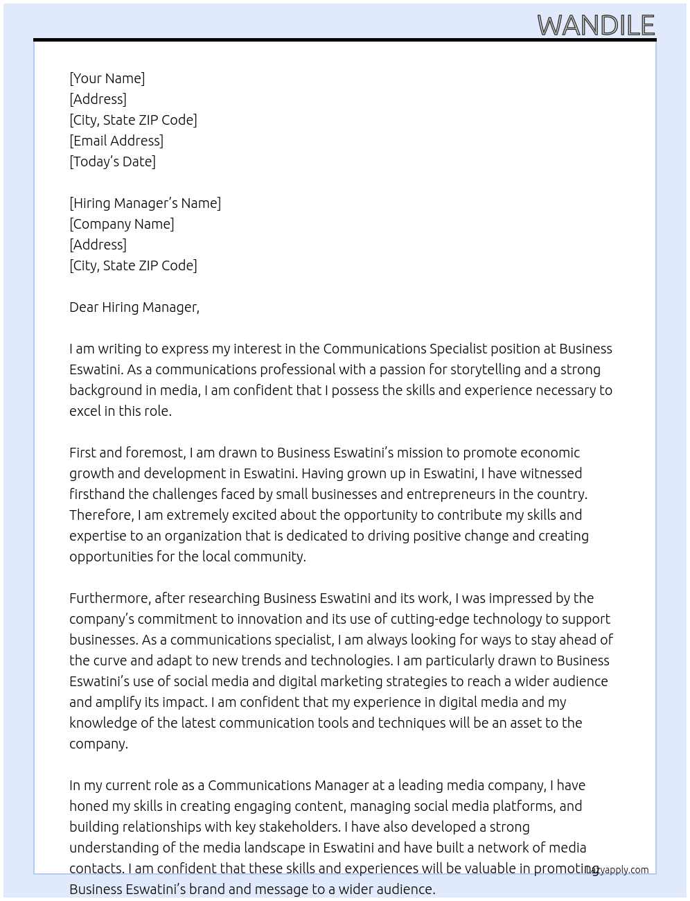 communications specialist At Business Eswatini Cover Letter