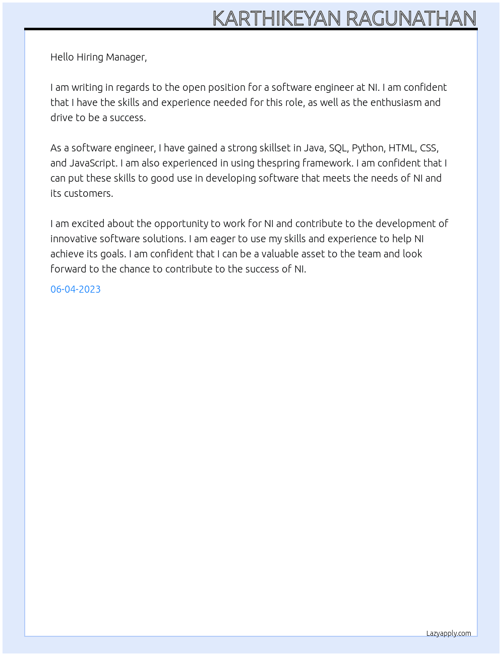 Software Engineer  At NI Cover Letter