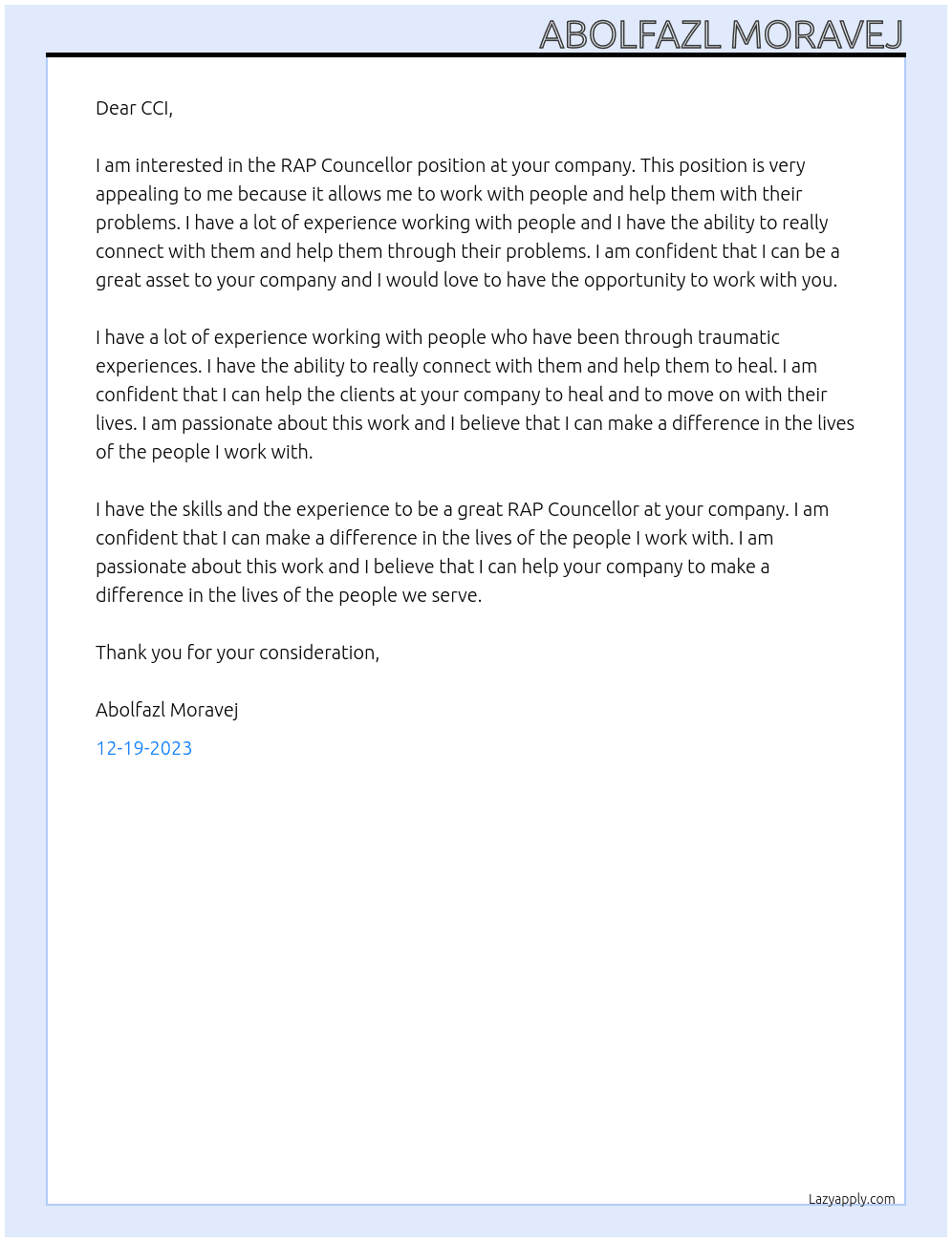 RAP Councellor At CCI Cover Letter