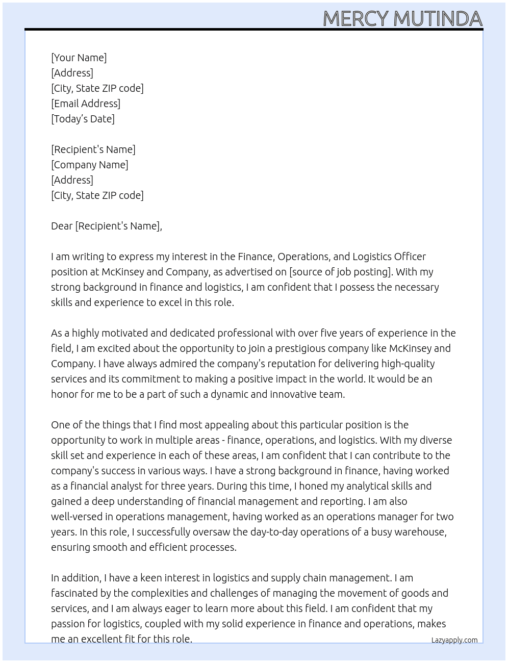 Finance, Operations and Logistics Officer At mckinsey and company Cover Letter