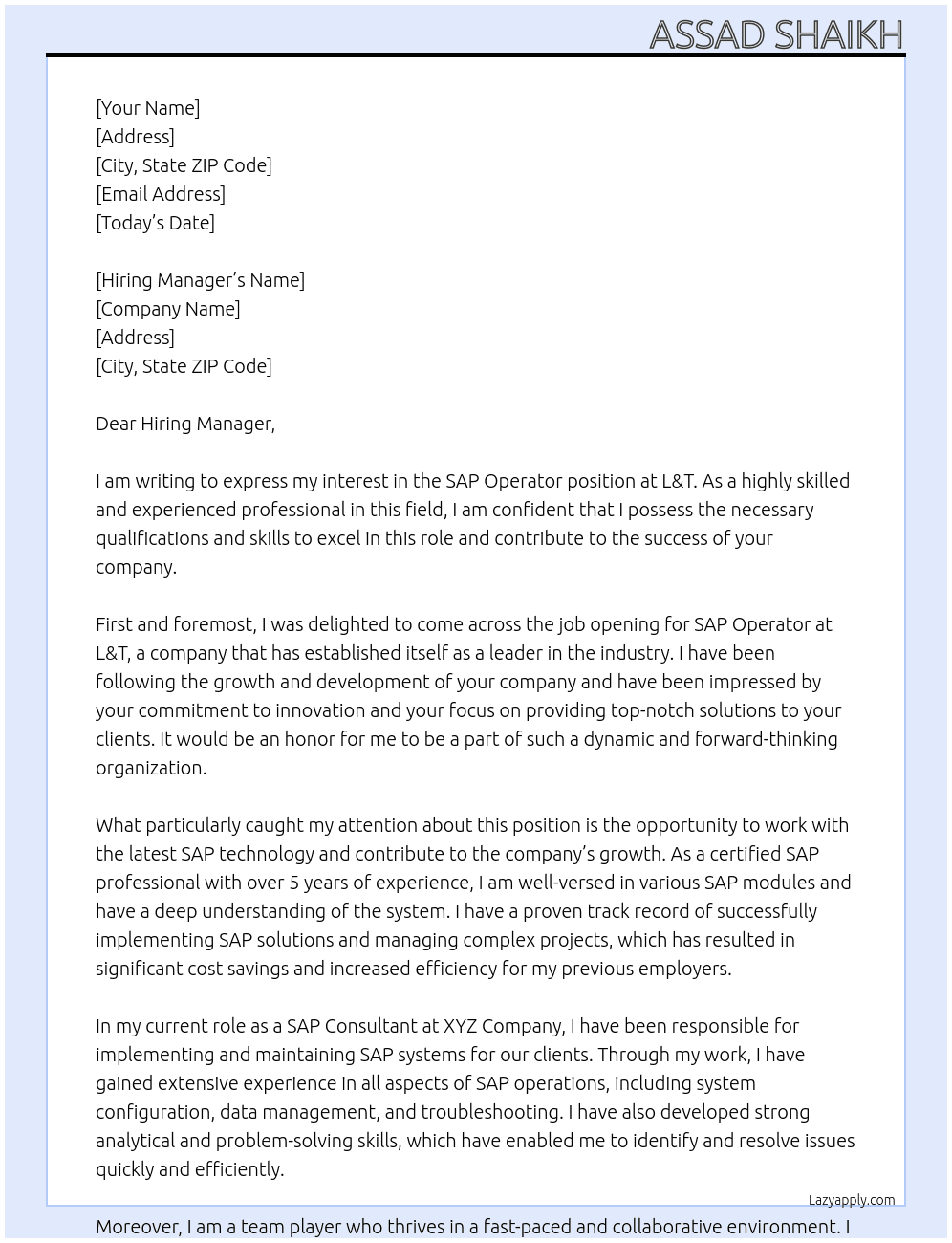 SAP Operator  At L &T Cover Letter