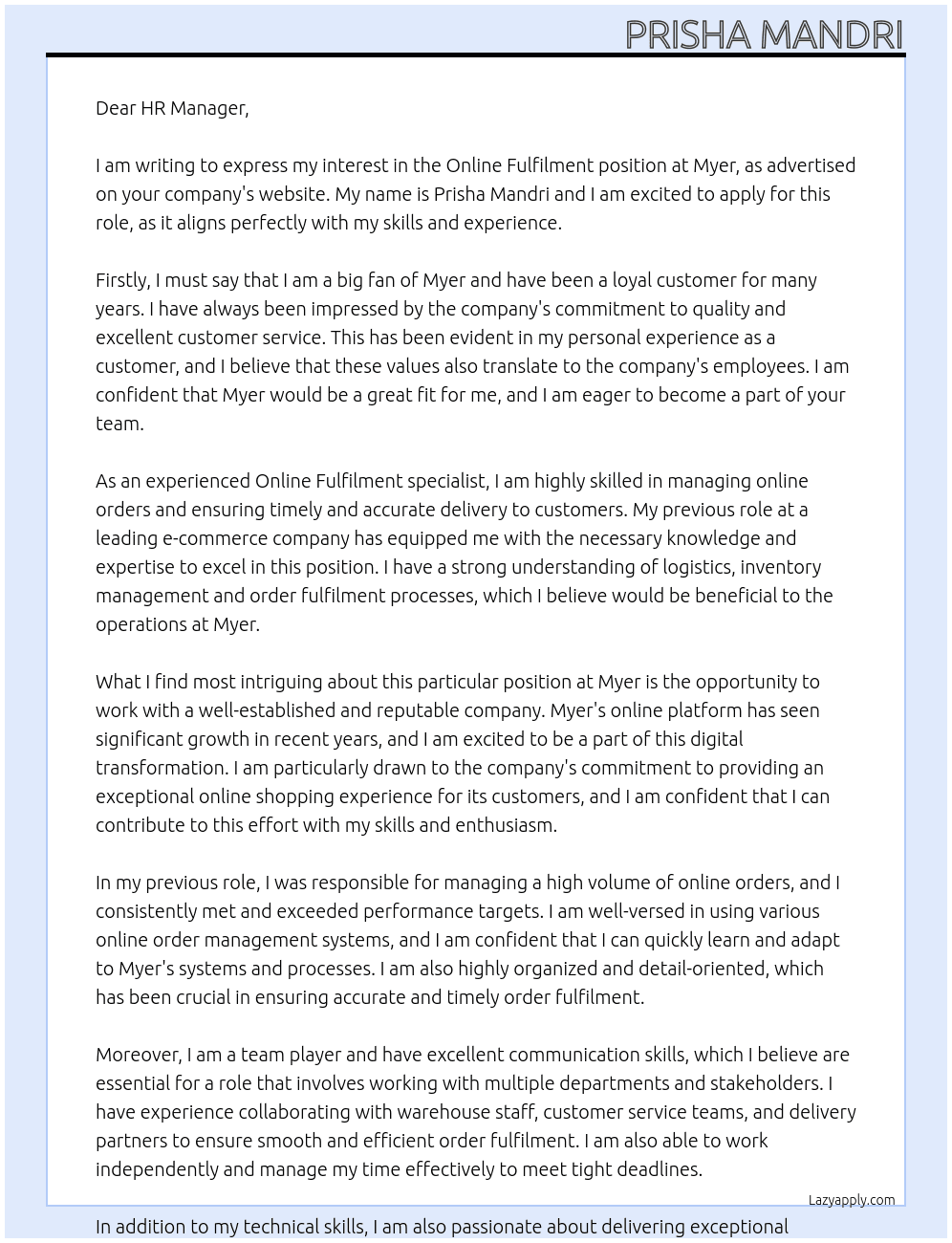 Online Fulfilment At Myer Cover Letter