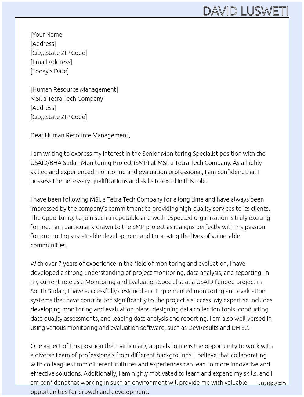 Senior Monitoring Specialist, USAID/BHA Sudan Monitoring Project (SMP) At MSI, a Tetra Tech Company Cover Letter