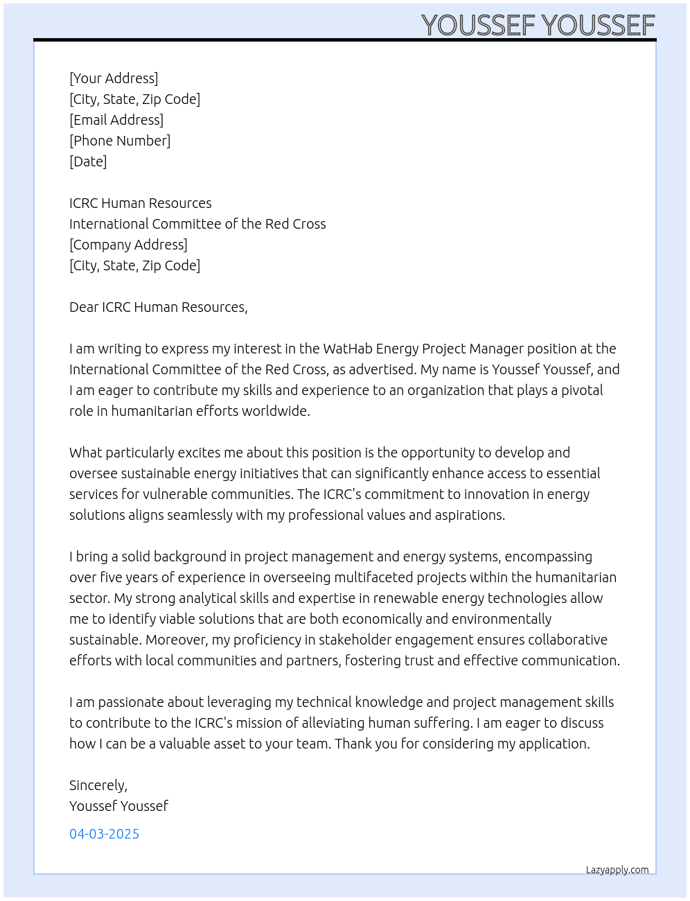 WatHab Energy Project Manager At International Committee of the Red Cross Cover Letter