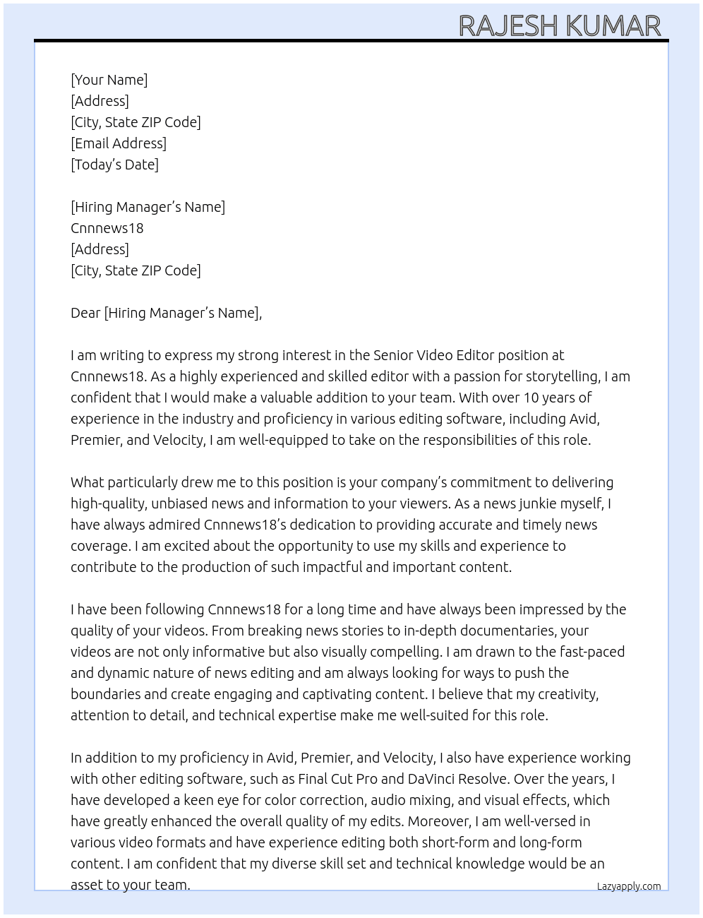 SENIOR VIDEO EDITOR  At Cnnnews18 Cover Letter