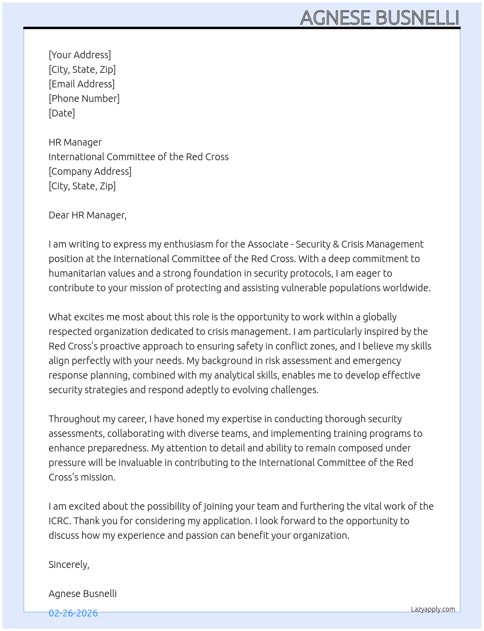 Associate - Security & Crisis Management At International Committee of the Red Cross Cover Letter