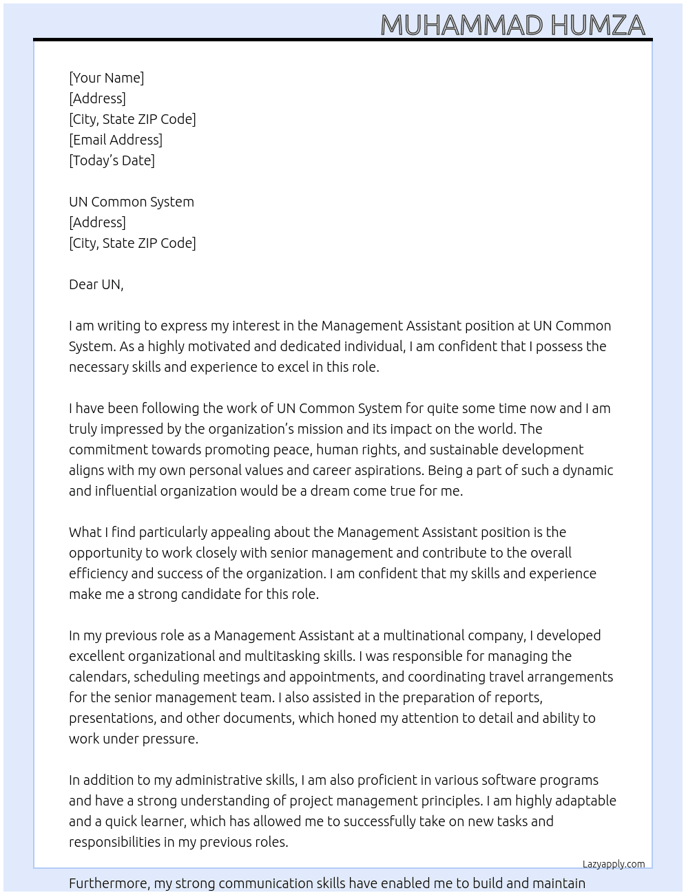 Management Assistant  At UN Common System  Cover Letter