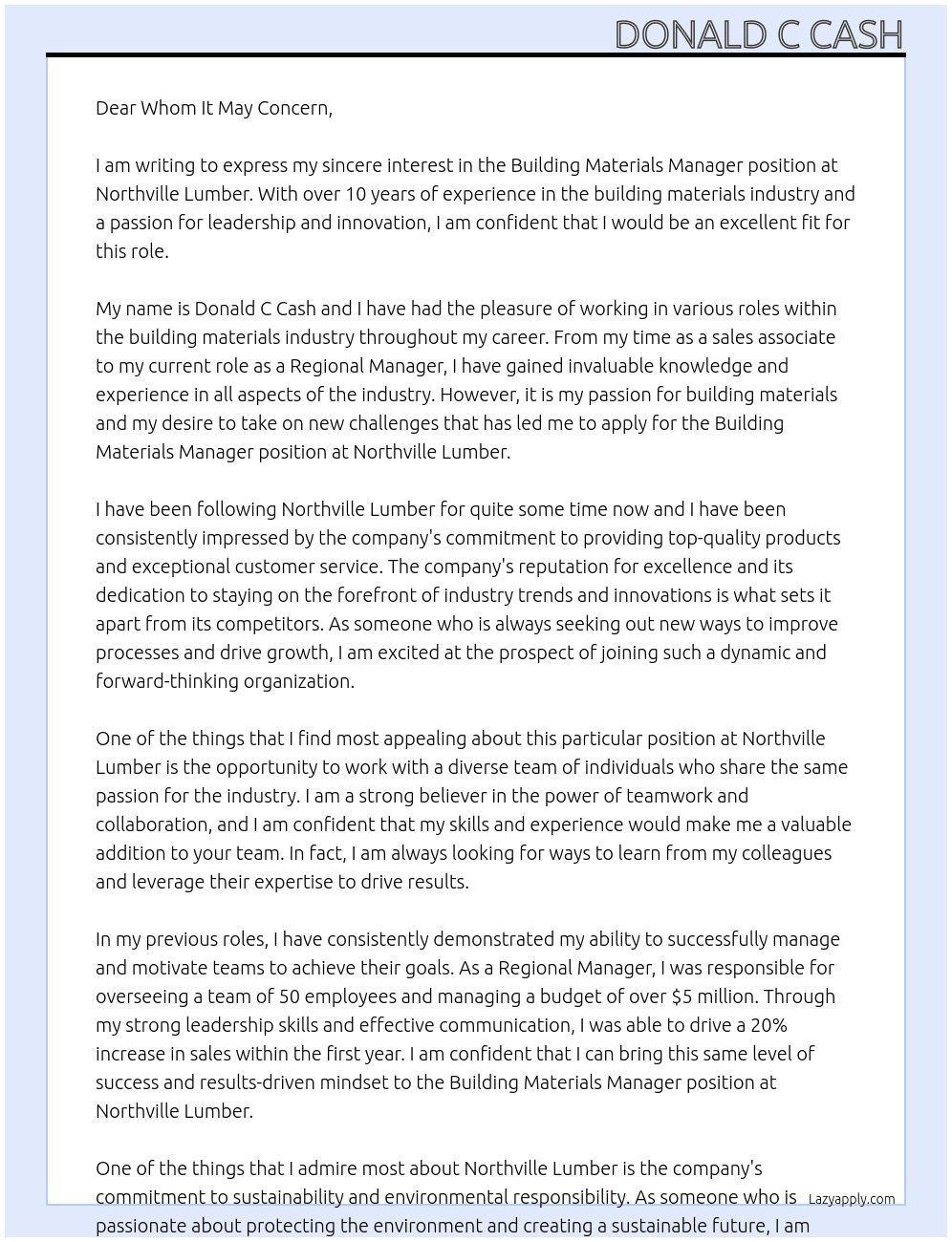 Building Materials Manager At Northville Lumber Cover Letter