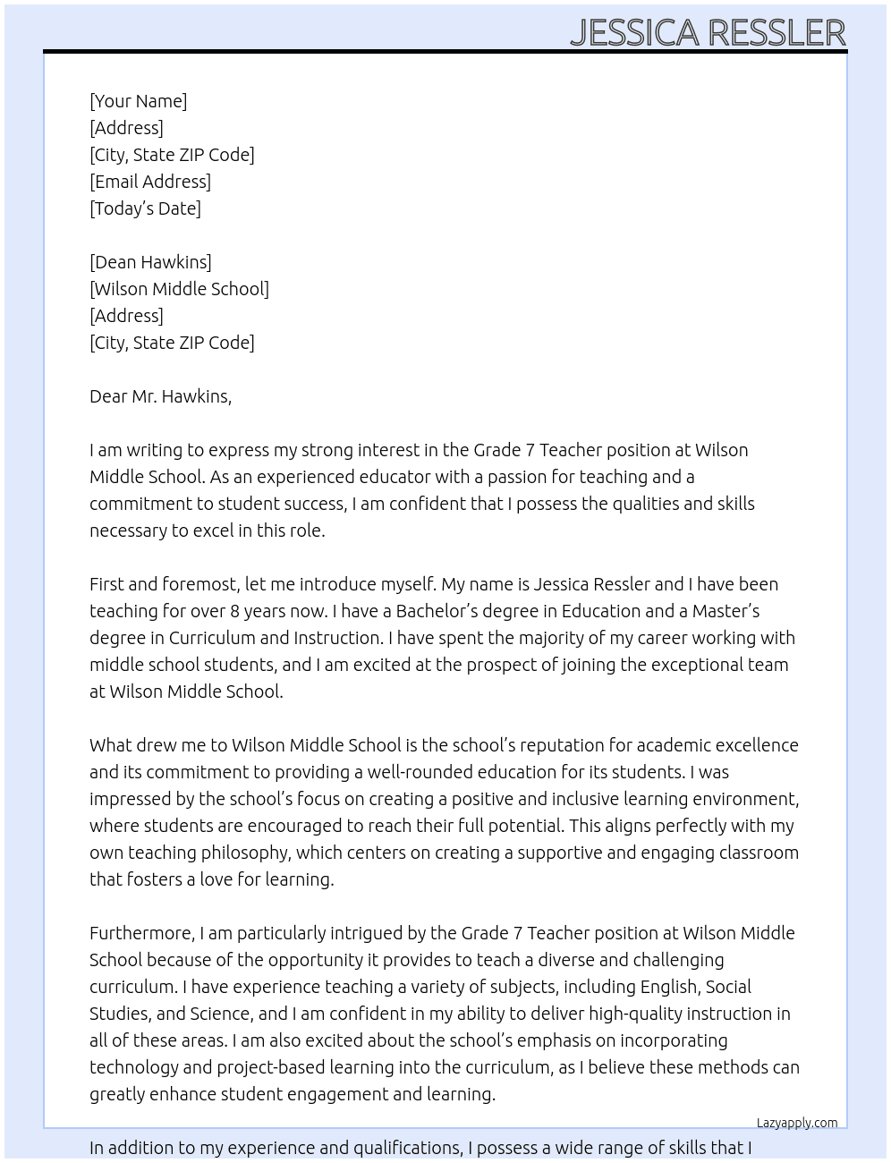 Grade 7 Teacher At Wilson Middle School Cover Letter