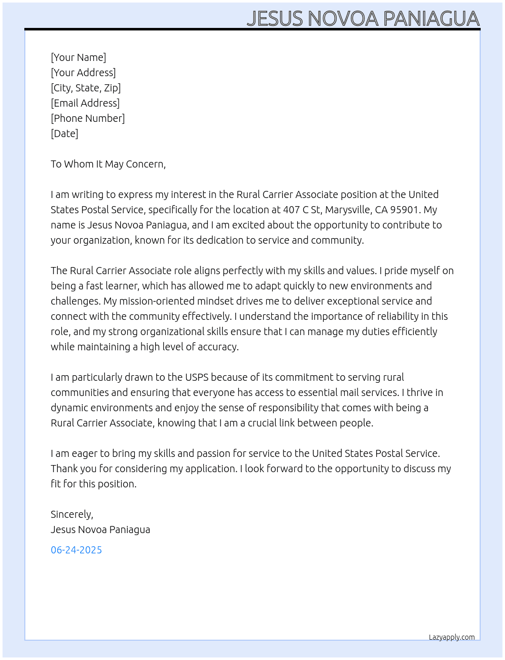 Cover letter for rural carrier associate - LazyApply