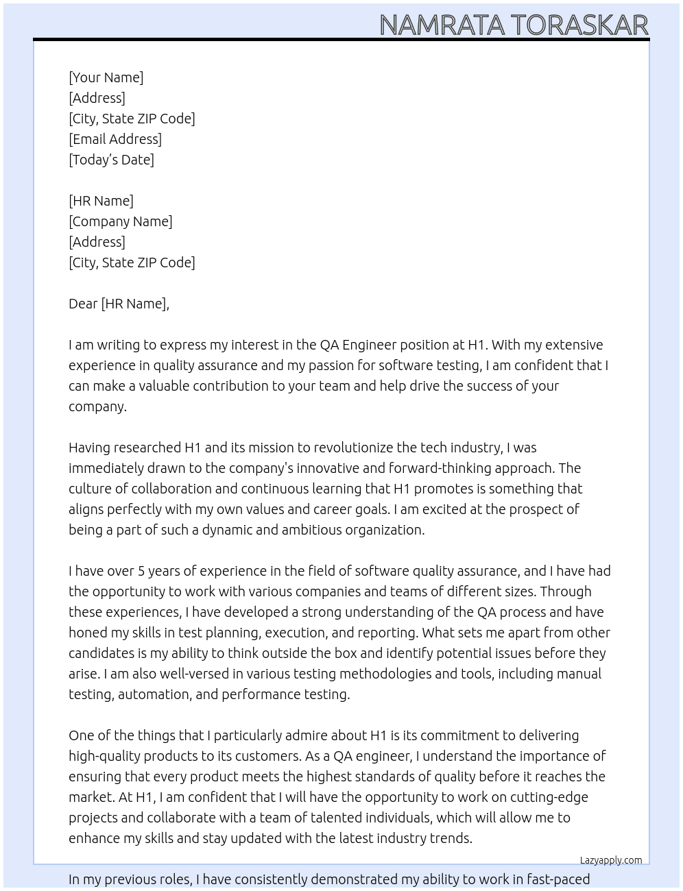 QA engineer At H1 Cover Letter