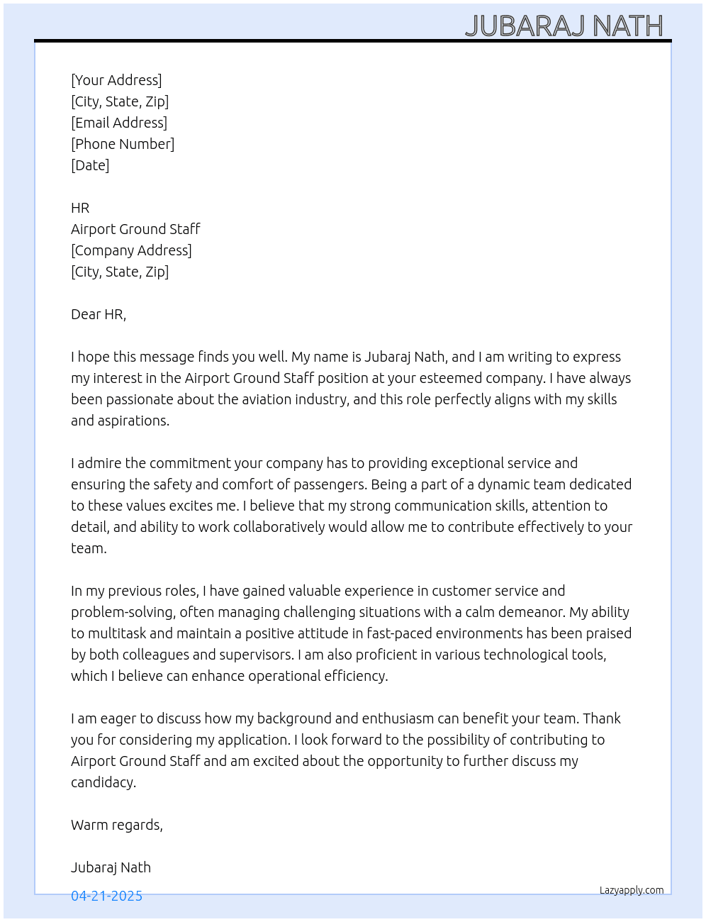 Airport ground staff  At Airport ground staff  Cover Letter