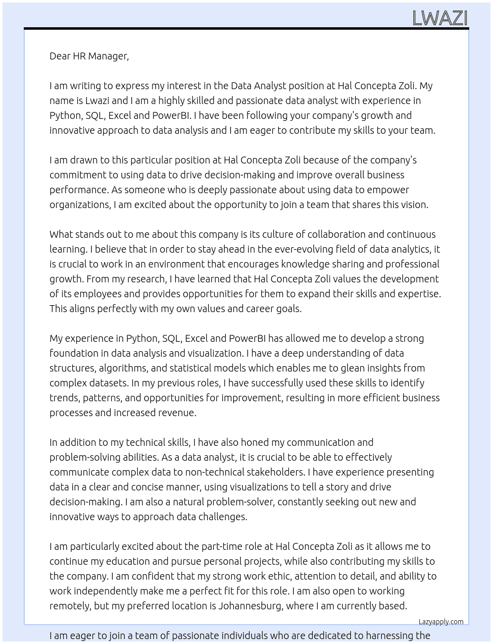 data analyst At Hal Concepta Zoli Cover Letter