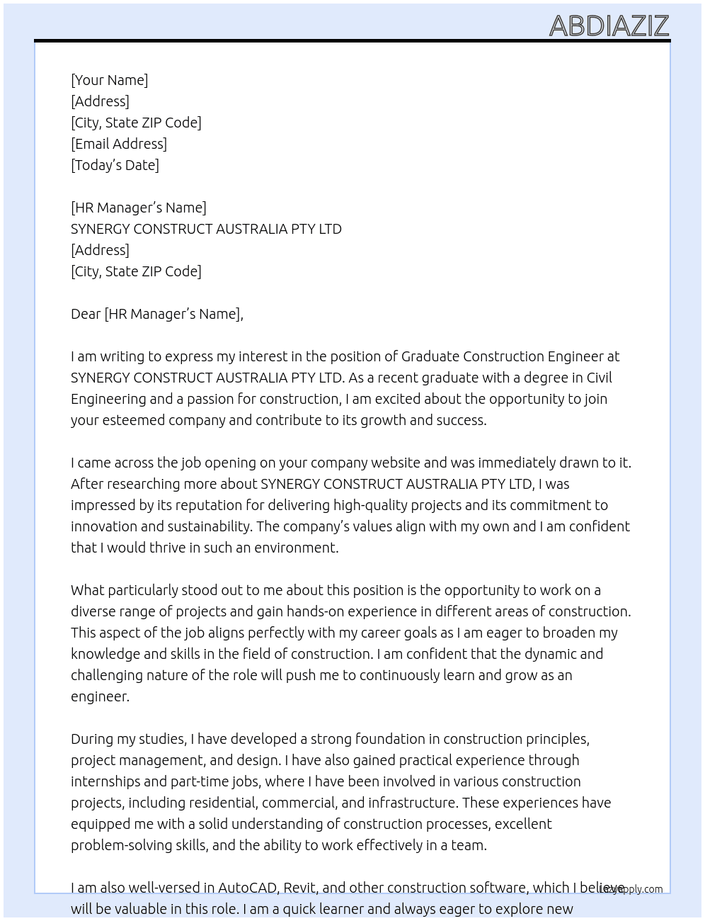 Graduate Construction Engineer At SYNERGY CONSTRUCT AUSTRALIA PTY LTD Cover Letter