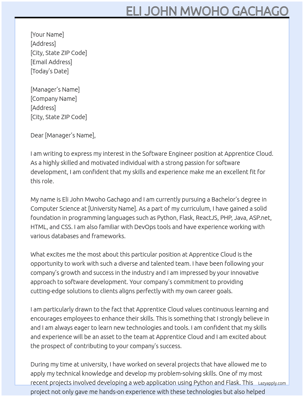 Software Engineer At Apprentice Cloud Cover Letter