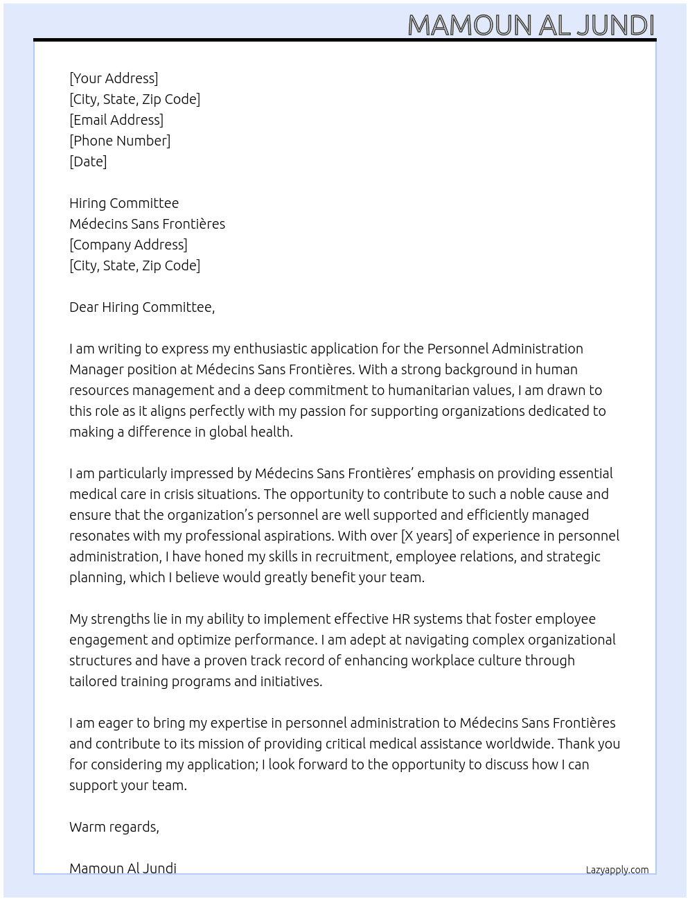 Personnel Administration Manager At Médecins Sans Frontières Cover Letter