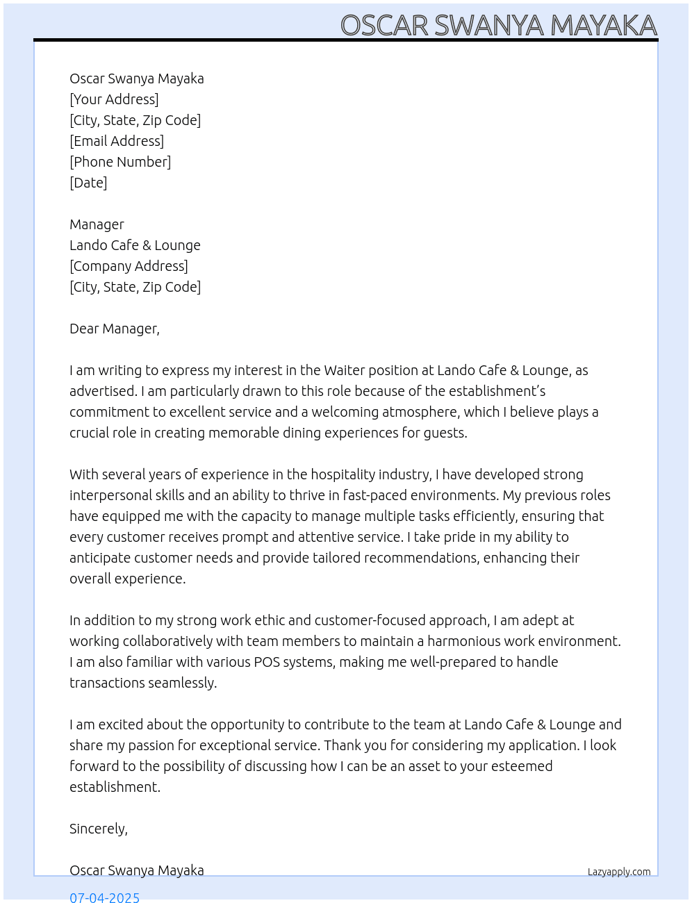 Waiter At Lando Cafe & Lounge Cover Letter