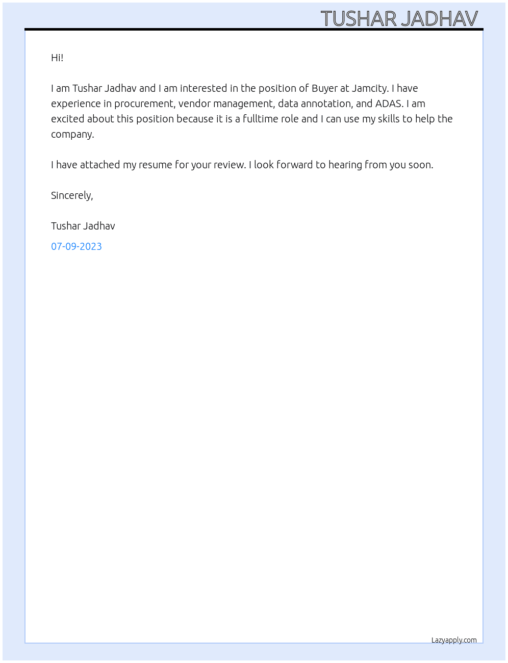Buyer At Jamcity Cover Letter