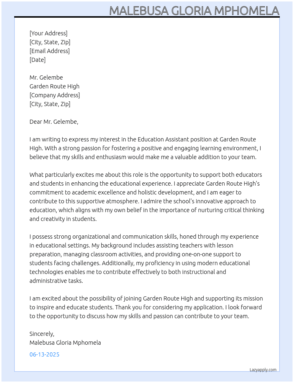 Education Assistant At Garden Route High Cover Letter