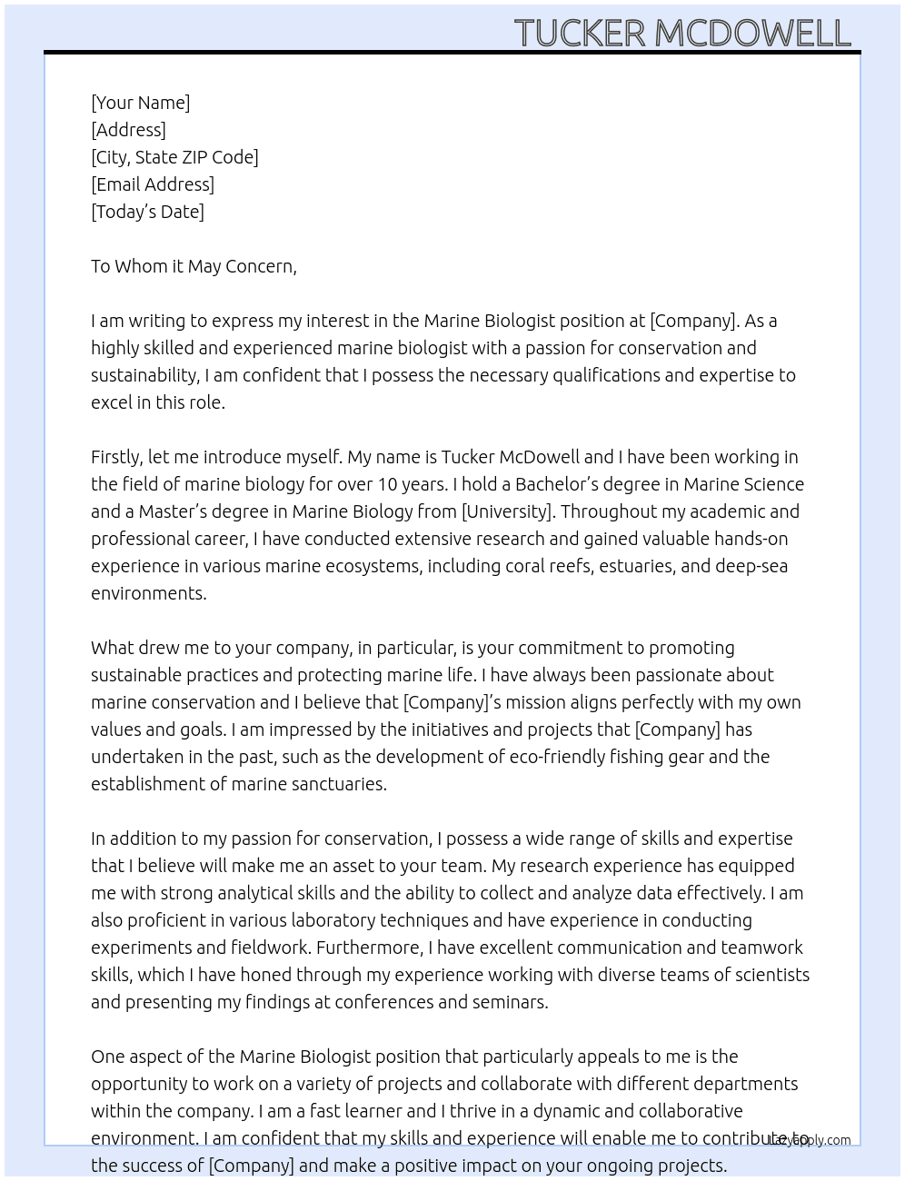 Marine Biologist At Company Cover Letter