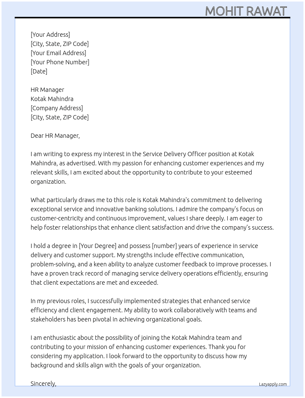 Cover letter for service delivery officer - LazyApply